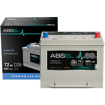 Аккумулятор EFB ABSEL POWER EFB 12V D26 72Ah 680A (0) ОП (легковая) type ASIA (260x172x221)